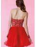 Red Tulle Beaded Sweetheart Neckline Knee Length Prom Dress